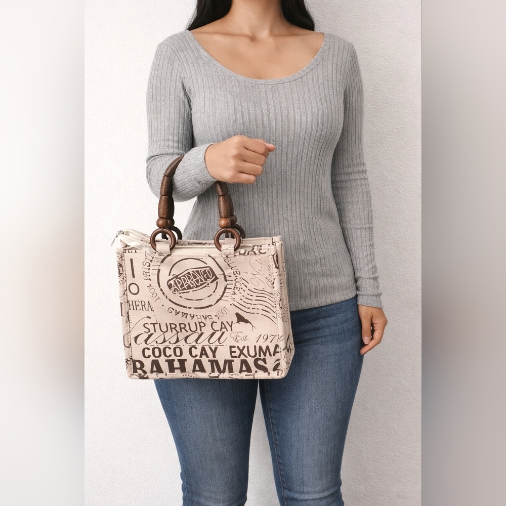 Printed Canvas Tote Bag with Wooden‎ Handles